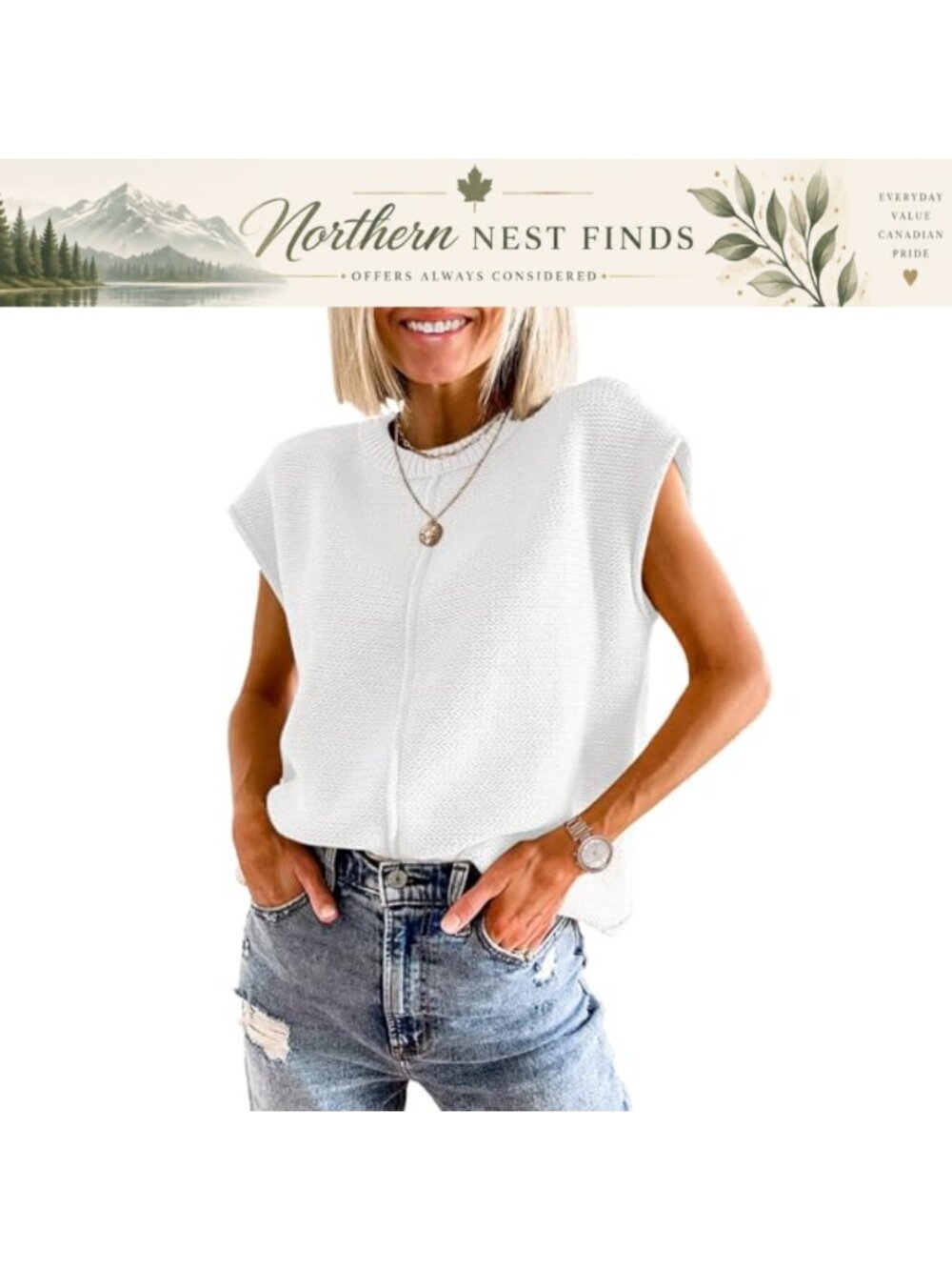 Womens Cotton Blend Knit Sweater Vest Crew Neck Loose Fit Pullover